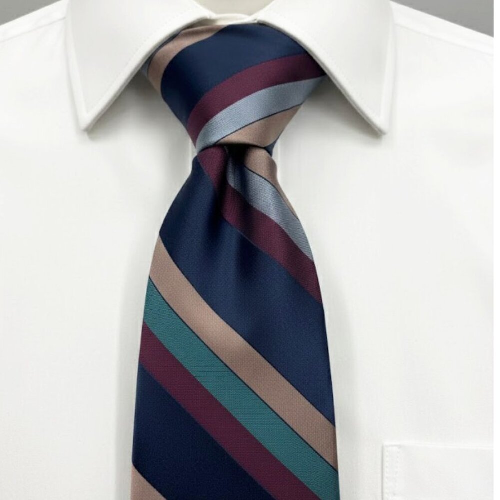 Oleg Cassini Silk Blend Tie Navy Blue Maroon Teal Diagonal Striped Designer